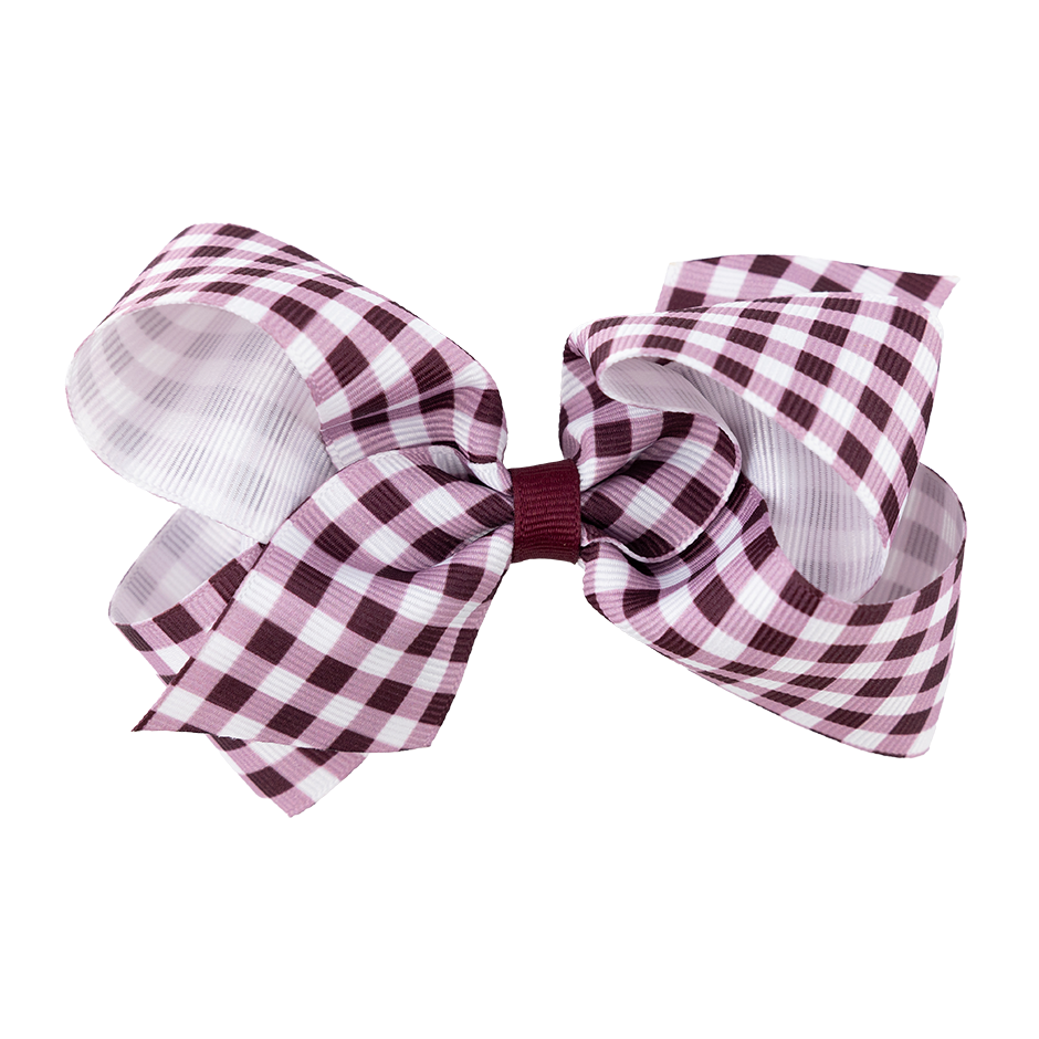 A medium sized bow. The pattern is maroon and white gingham. 