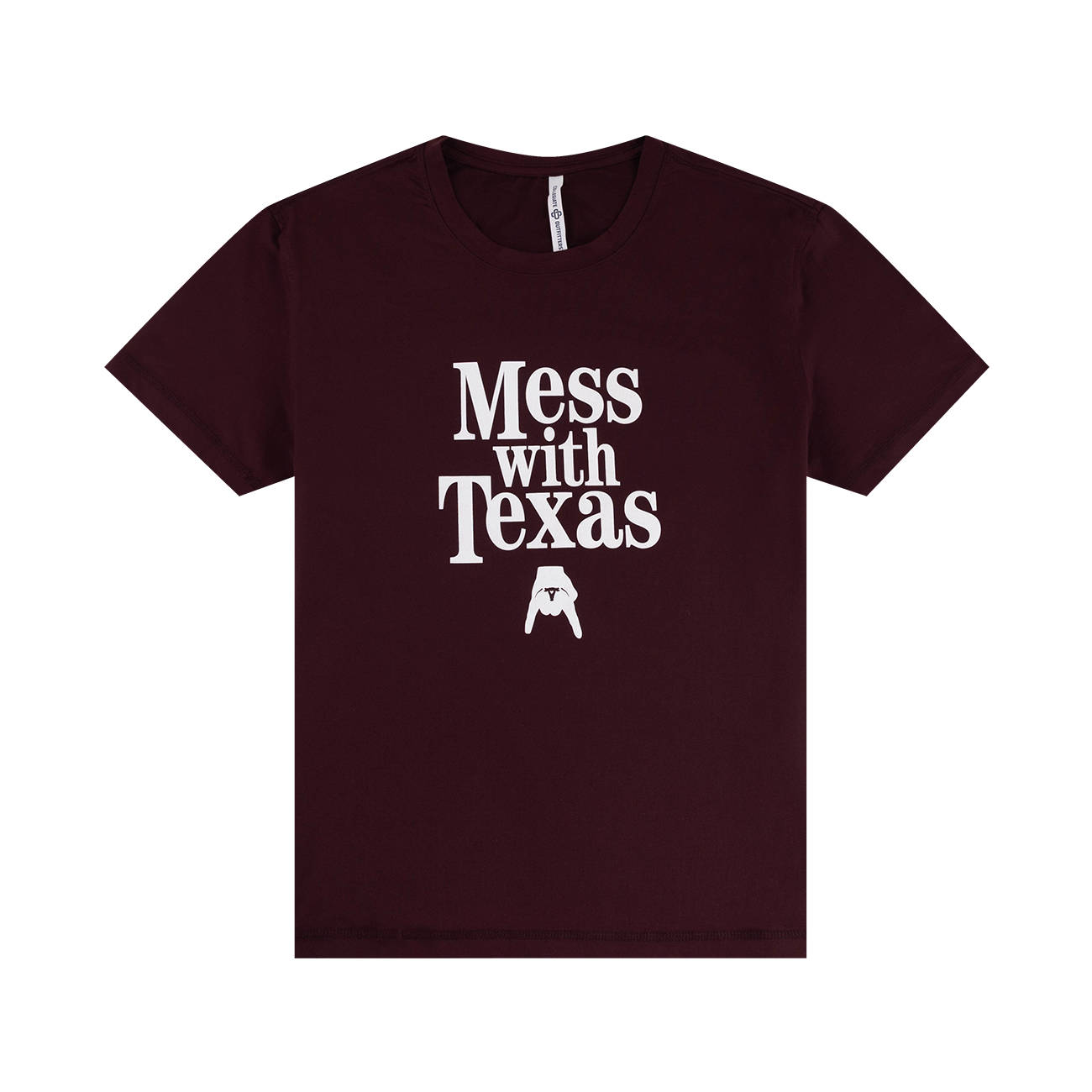 Maroon t-shirt with "Mess with Texas" in white with a white horns down logo.