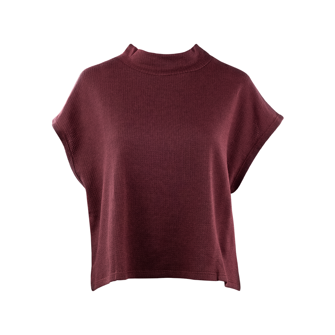 Maroon loose knit top with mock neck.