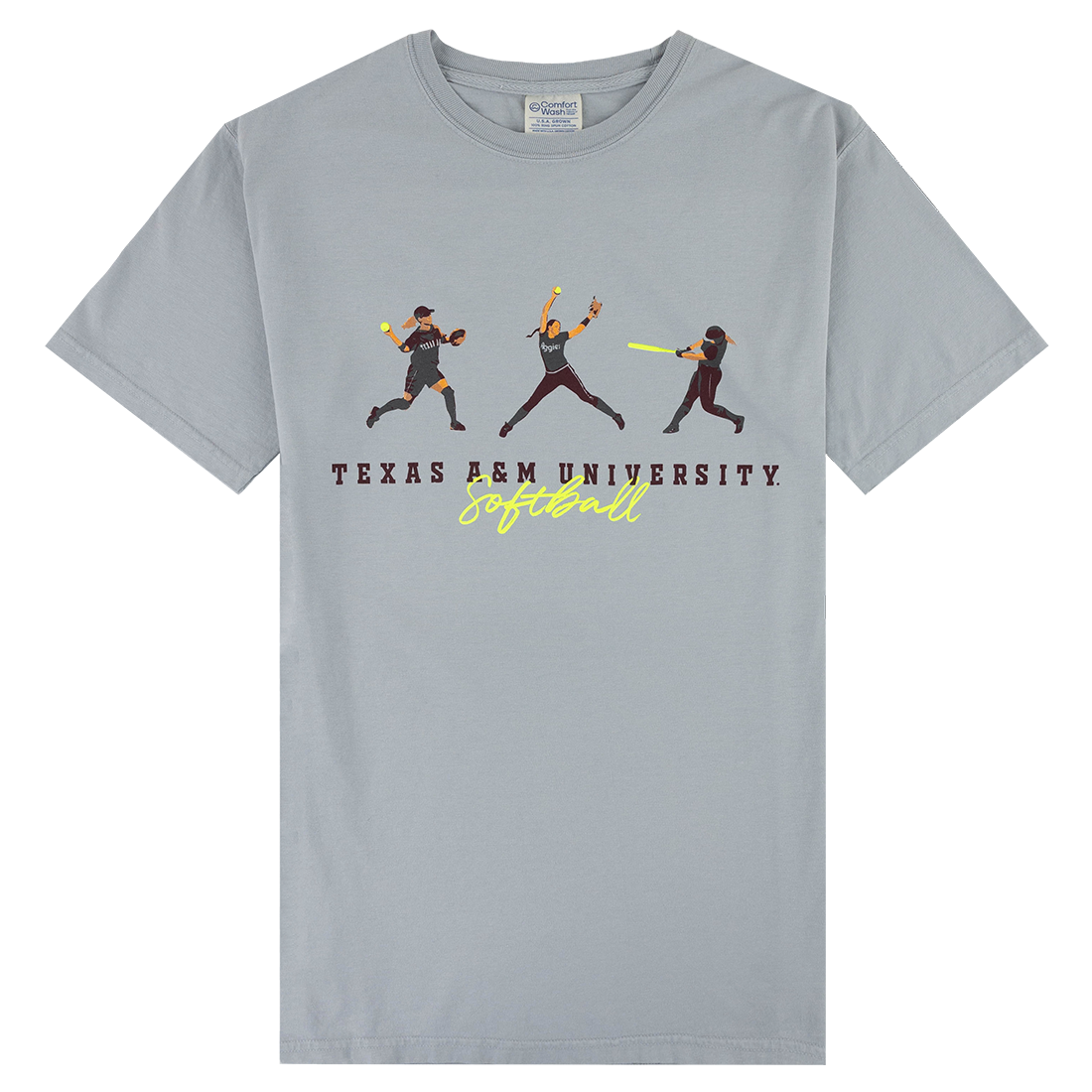 Gray t-shirt with "Texas A&M University Softball" in maroon and neon yellow