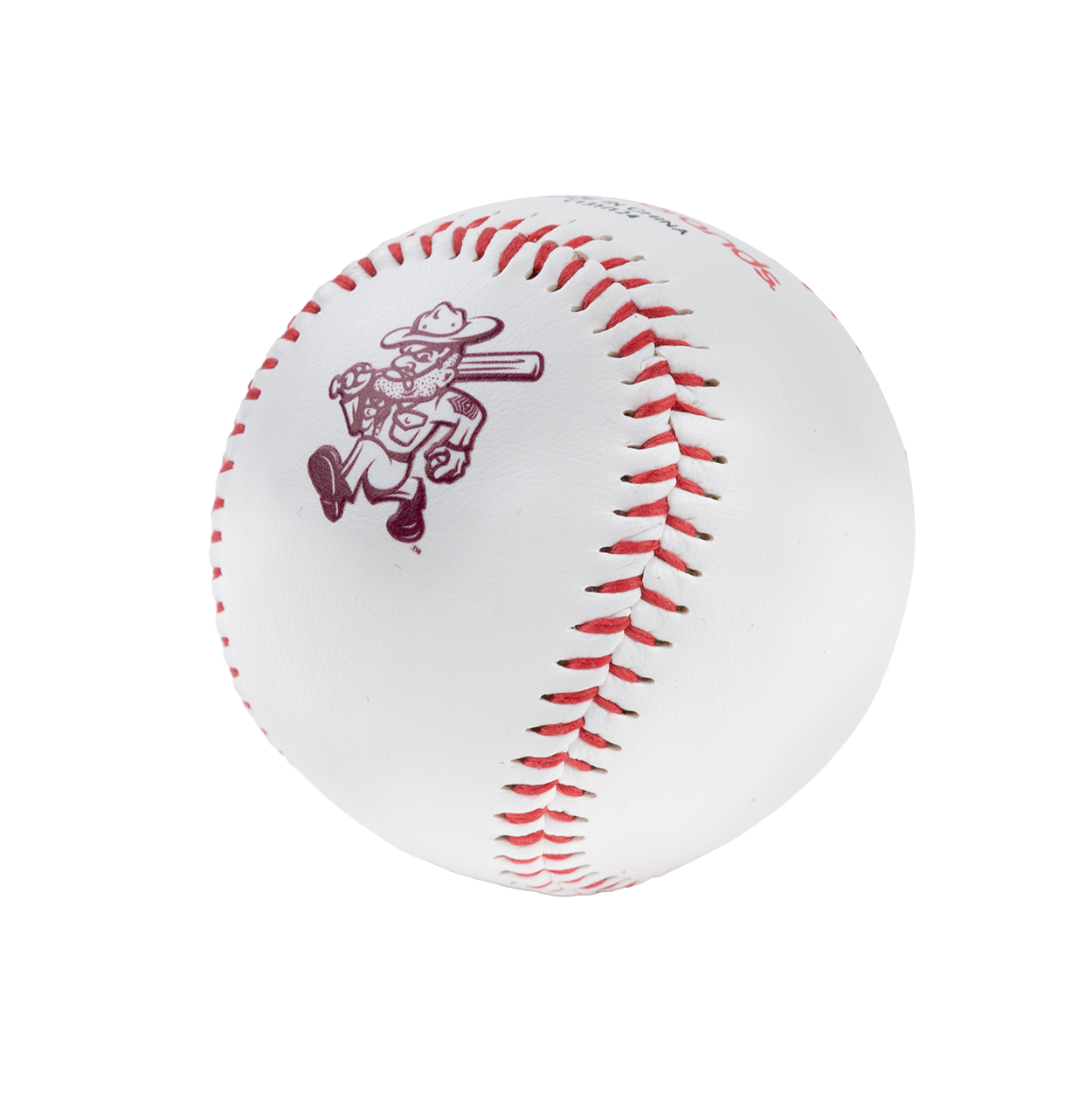 A white baseball with a maroon Ol Sarge logo printed on it 