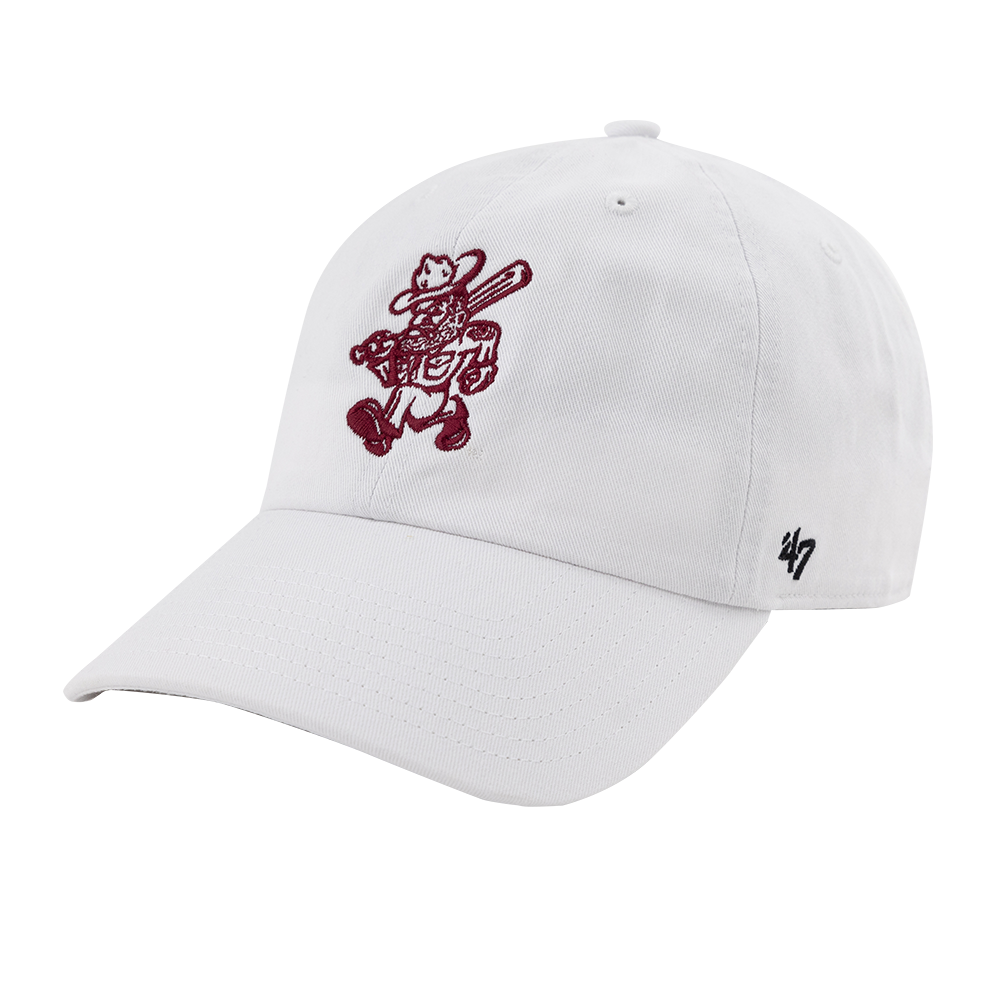 A white hat with a maroon Ol' Sarge logo embroidered on the front. 