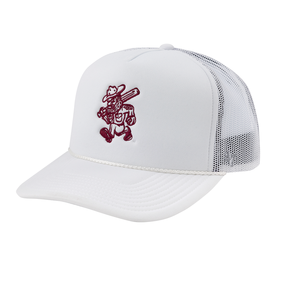 A white foam mesh rope hat with a maroon Ol' Sarge logo embroidered on the front. 