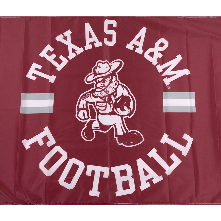 Maroon flag  with "TEXAS A&M FOOTBALL" in white with Ol' Sarge carrying a football.