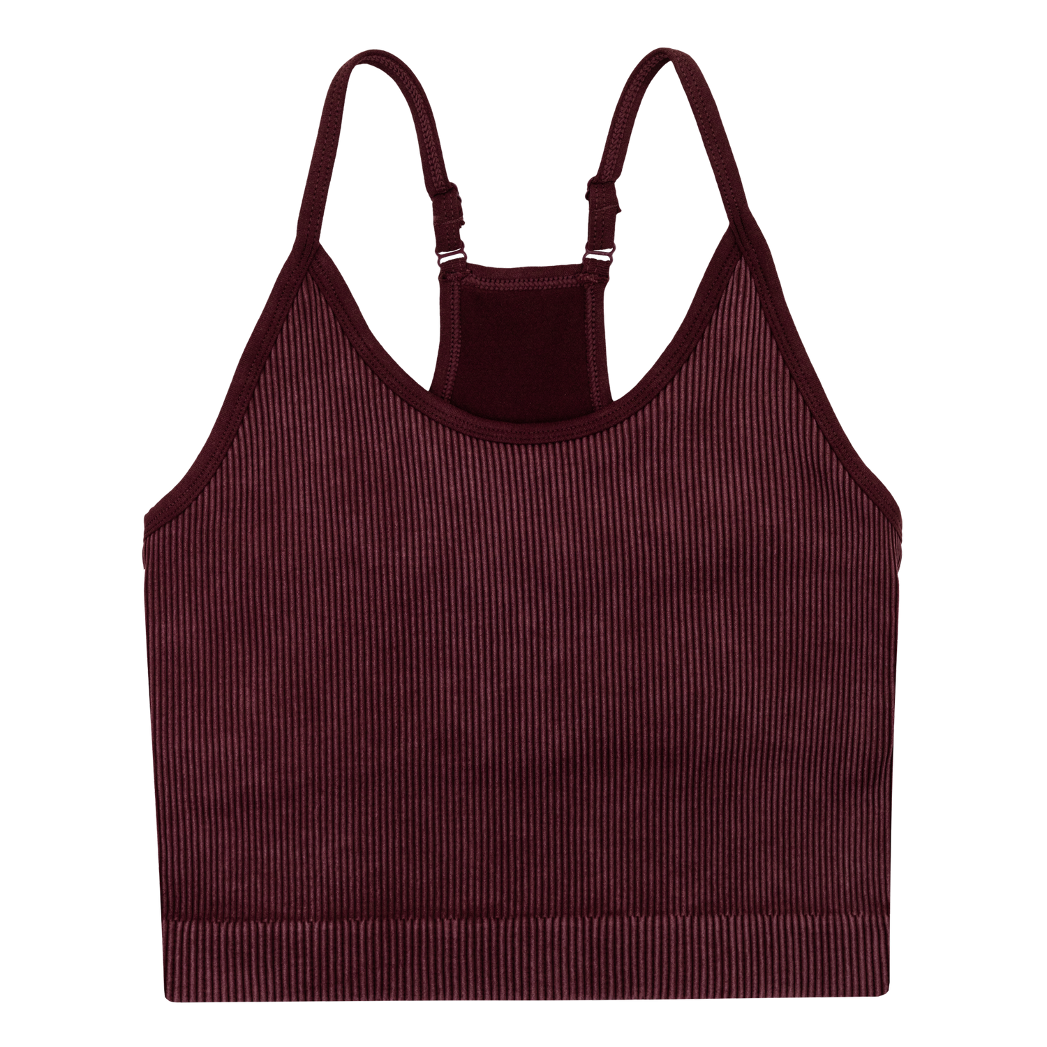 Maroon cropped scoop neck tank top. The straps are adjustable and it has a razor back style. 