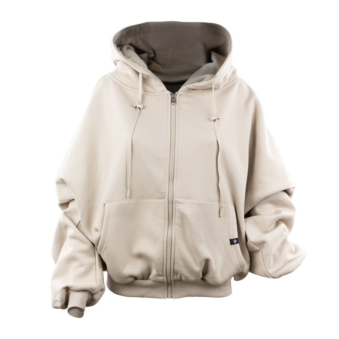 A cream zip up hoodie. The zipper is silver hardware and the draw strings in the hood are cream