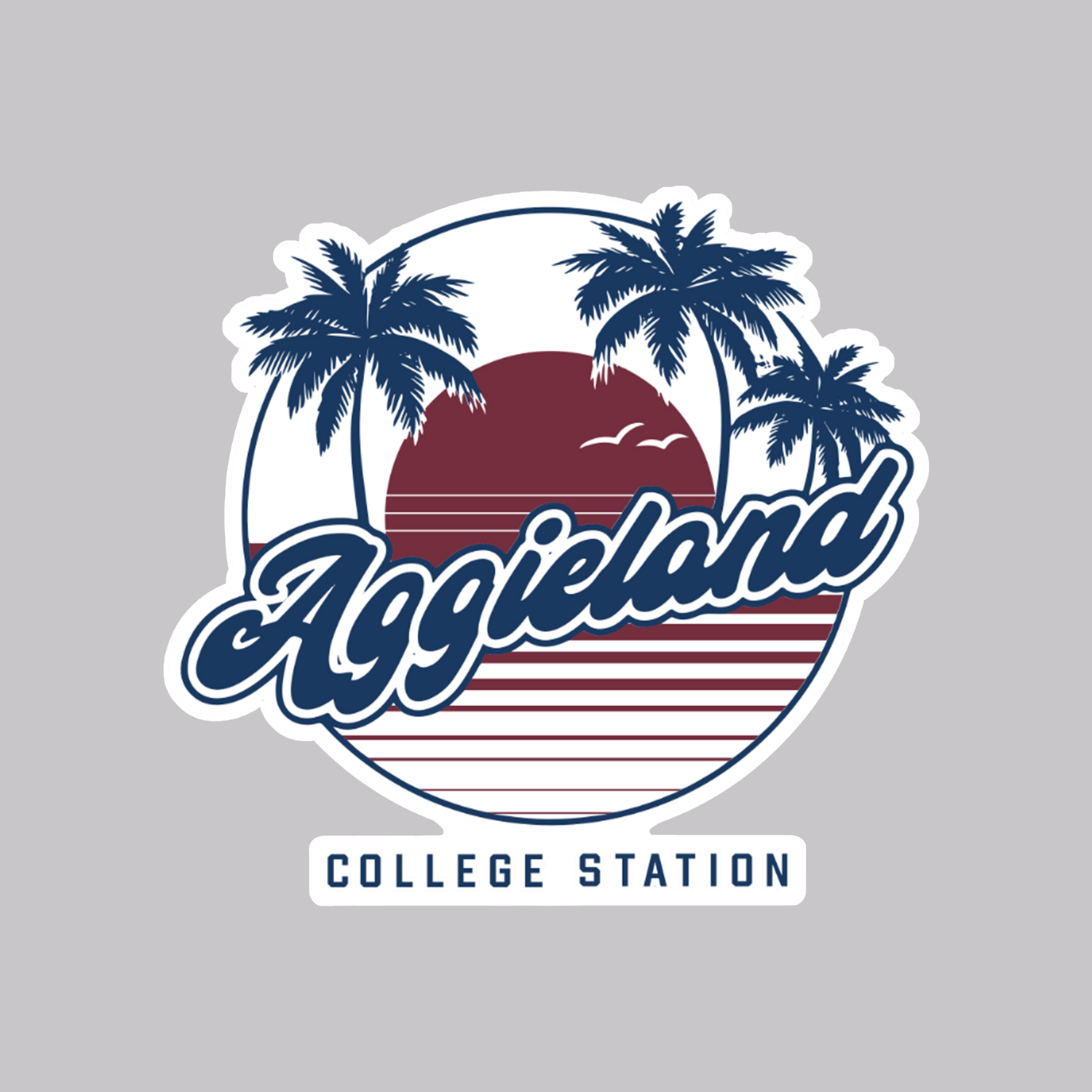 A tropical palm beach scene with navy blue palm trees and a maroon sun. 'Aggieland' is written in navy script writing. 