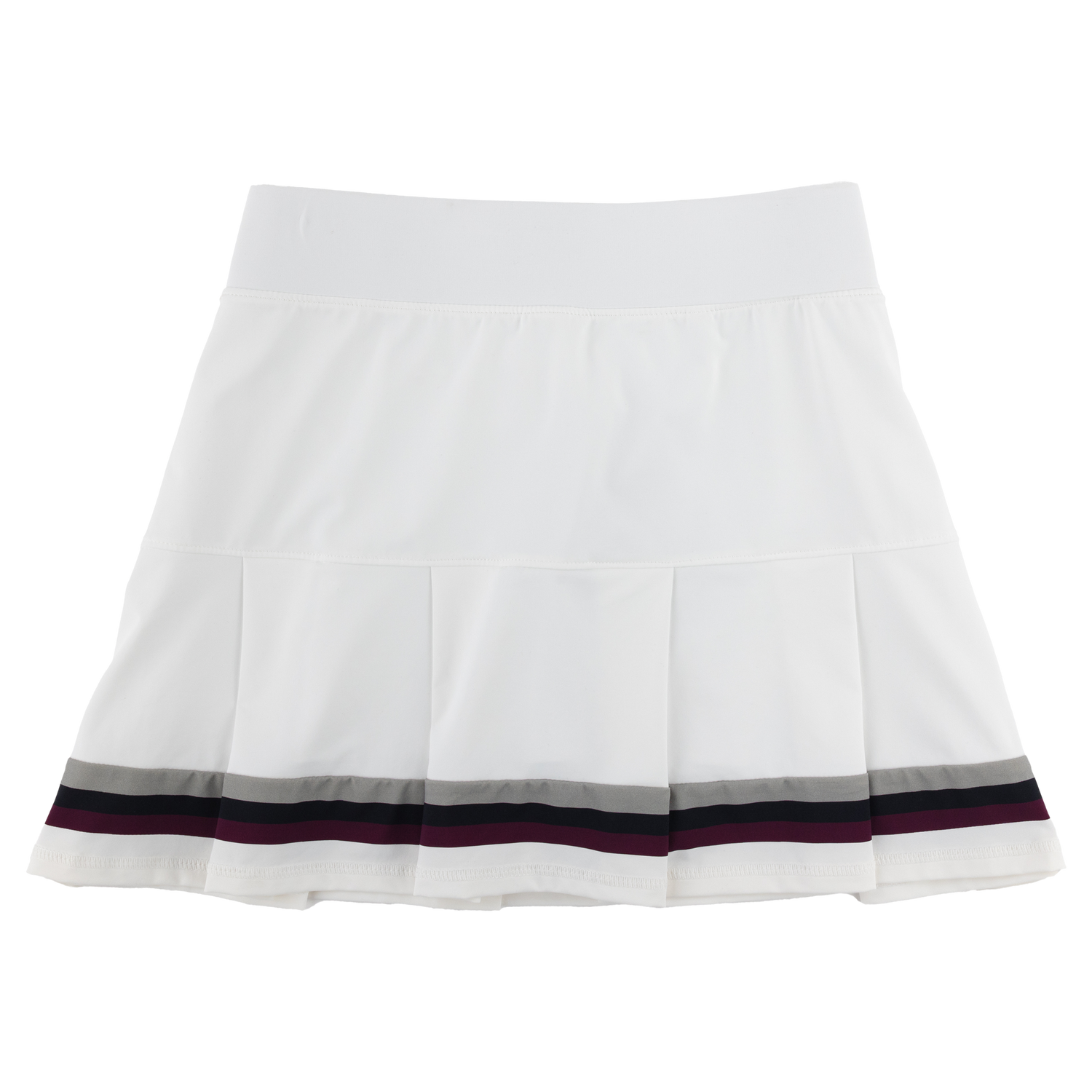 A white pleated athletic skirt. There stripes are going horizontally across the bottom. Their colors are maroon, black, and light grey. This skirt has shorts underneath. 