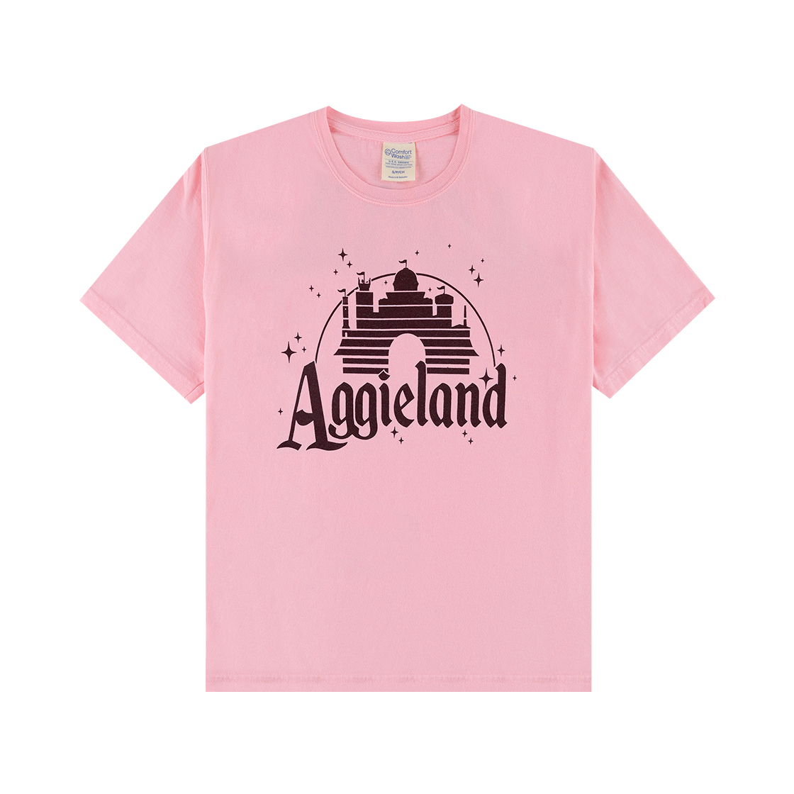 Pink t-shirt with maroon castle and "Aggieland" in maroon