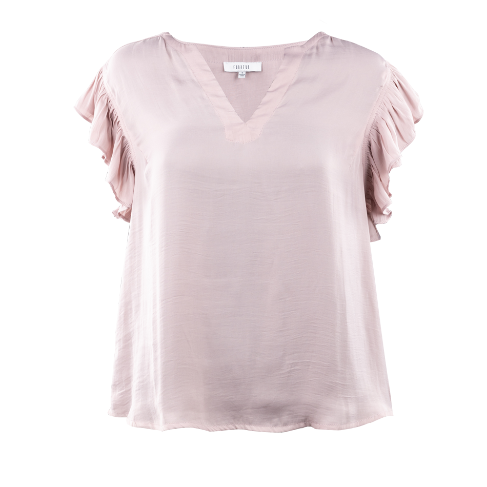 A light pink blouse with ruffled sleeves and V neck