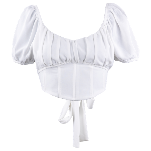 A white top with puff sleeves and corseted top