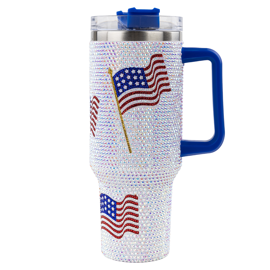 Silver beaded water bottle with American flag beads