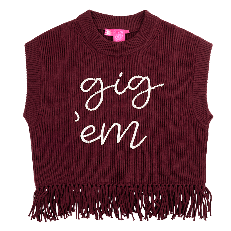 Maroon sweater vest with fringe. "Gig 'Em" in white pearls on the front and a large white ATM on the back.