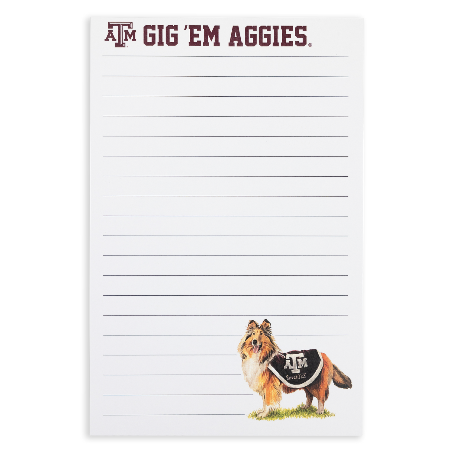 White notepad with ATM logo, GIG EM AGGIES print, and Reveille design