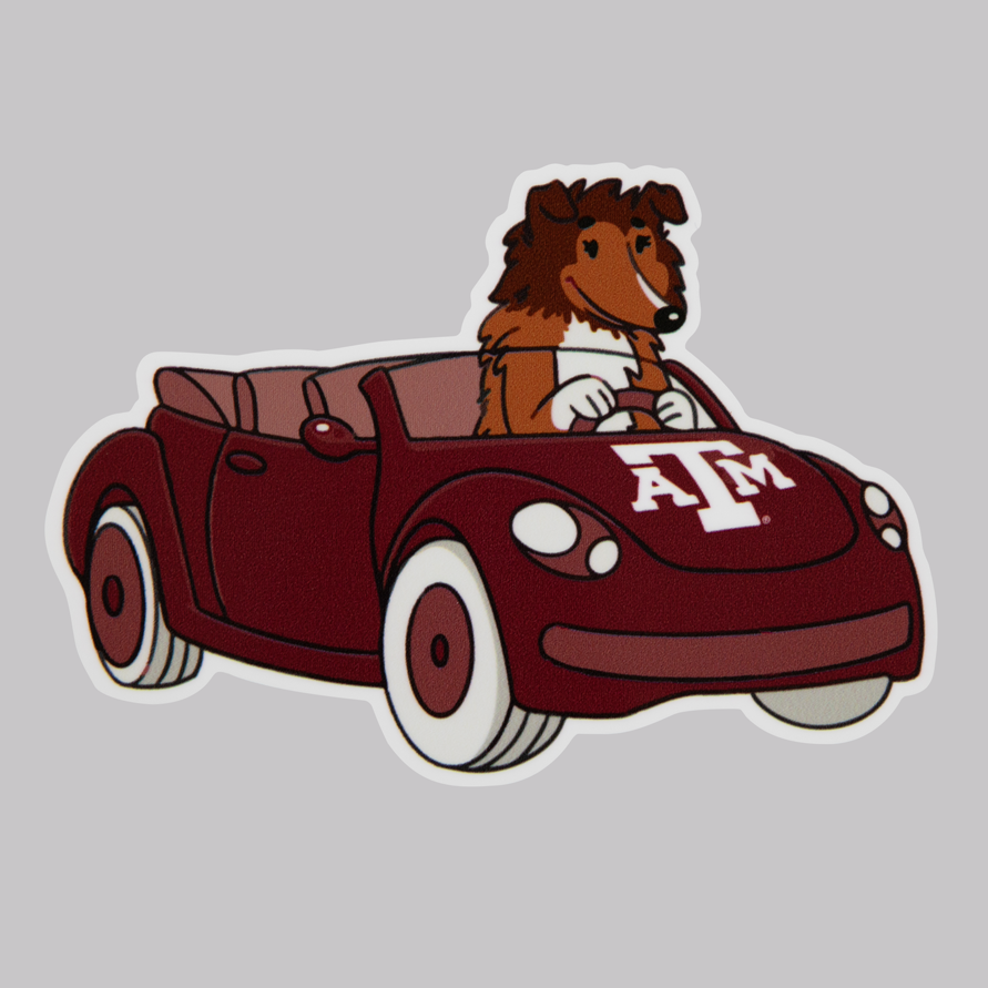 A sticker of reveille driving a maroon car with a white A&M logo on the hood