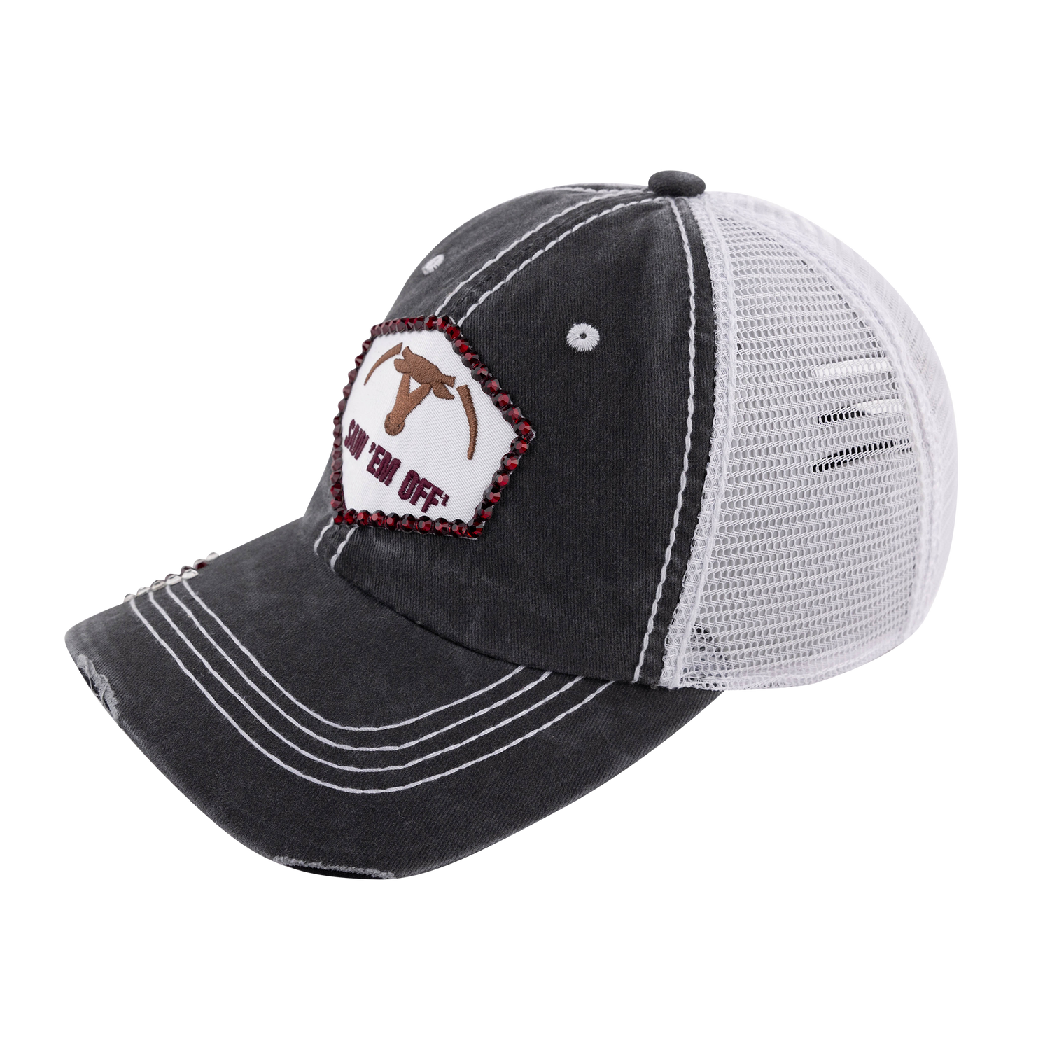 Gray hat with maroon Saw 'Em Off logo outlined in maroon rhinestones.