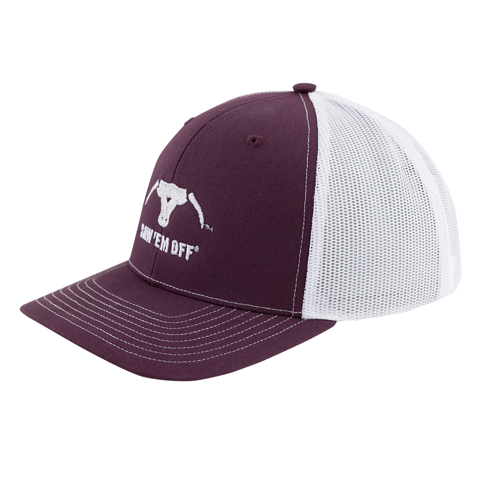 Maroon hat with white mesh backing and white Saw 'Em Off logo