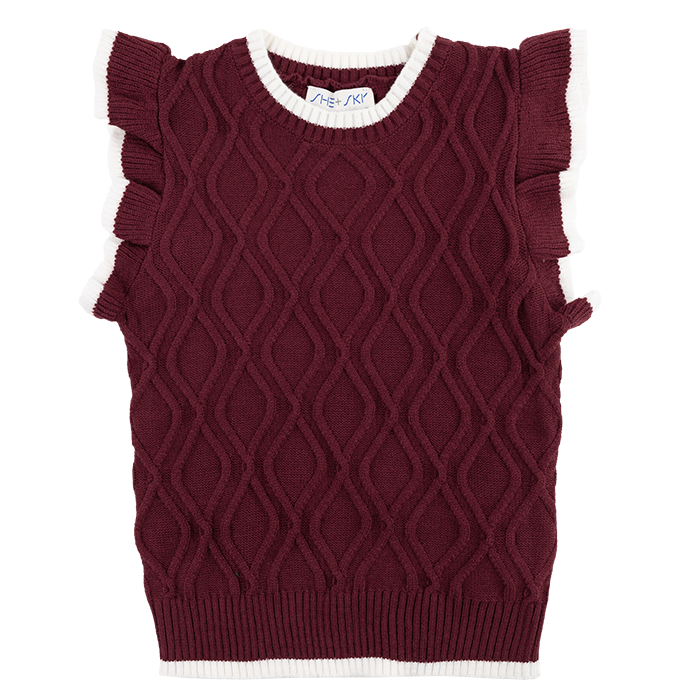 Maroon Sweater Top with White Outlining and Ruffled Texture