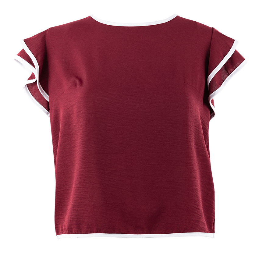 A maroon top with ruffle sleeves and white outlines