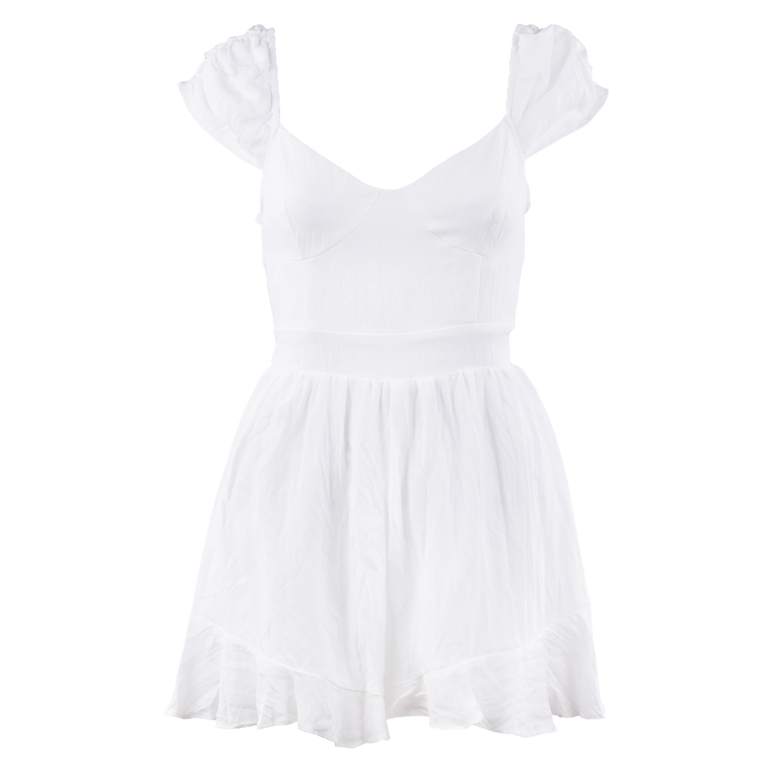 A white scoop neck romper with puffy tank top sleeves. The bottom is flowy 