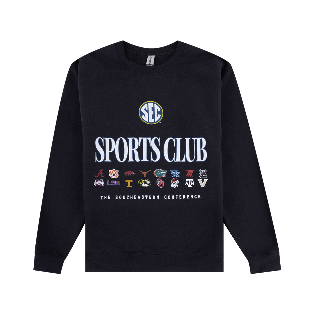 Black sweatshirt with "SPORTS CLUB" in white with the logos of the SEC teams.