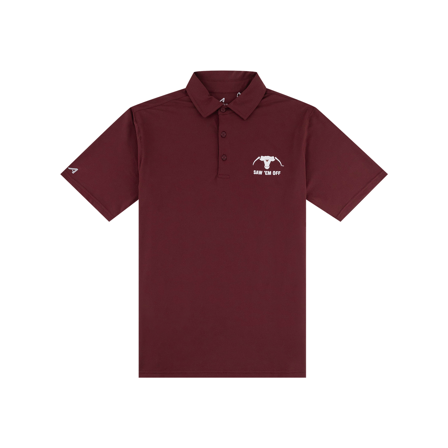 Maroon polo with white Saw 'Em Off logo on the left side of the chest.