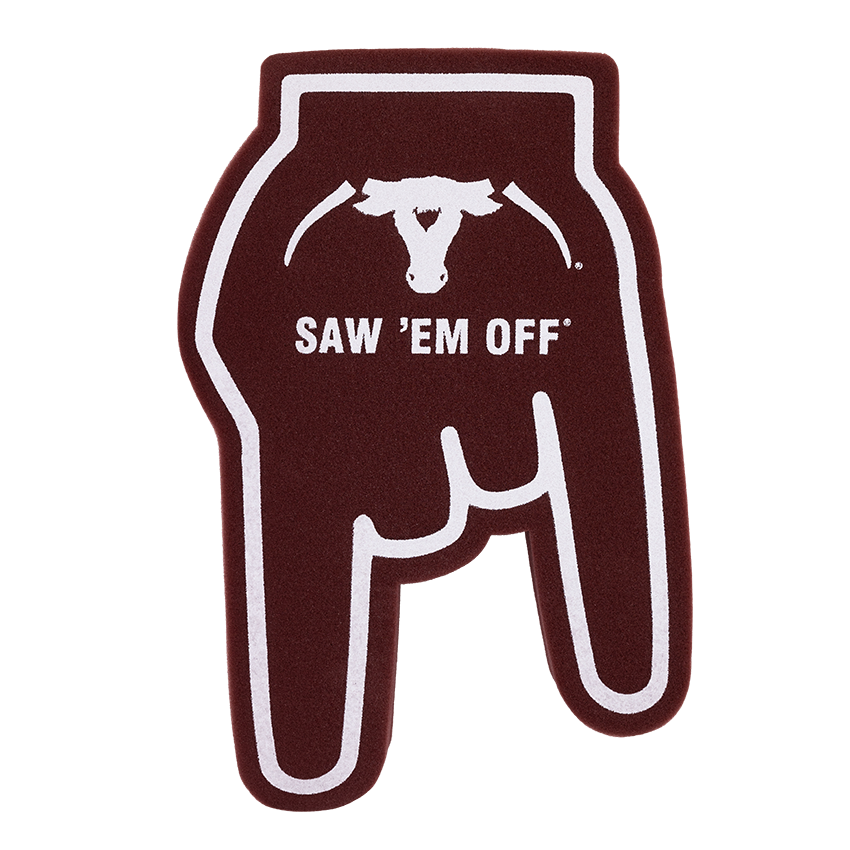 Maroon horns down foam hand with white SEO logo