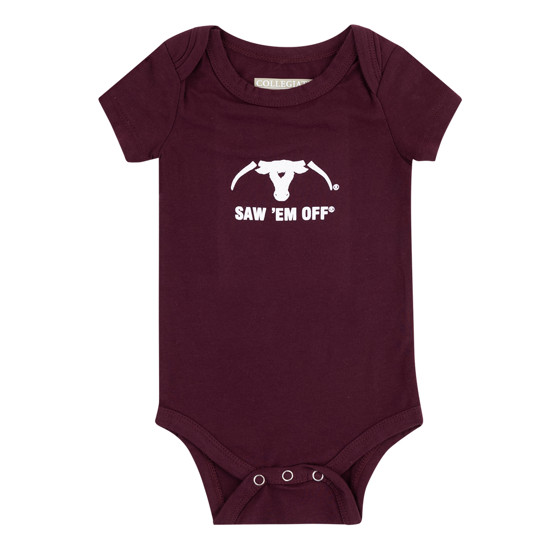 Maroon bodysuit with white Saw 'Em Off logo