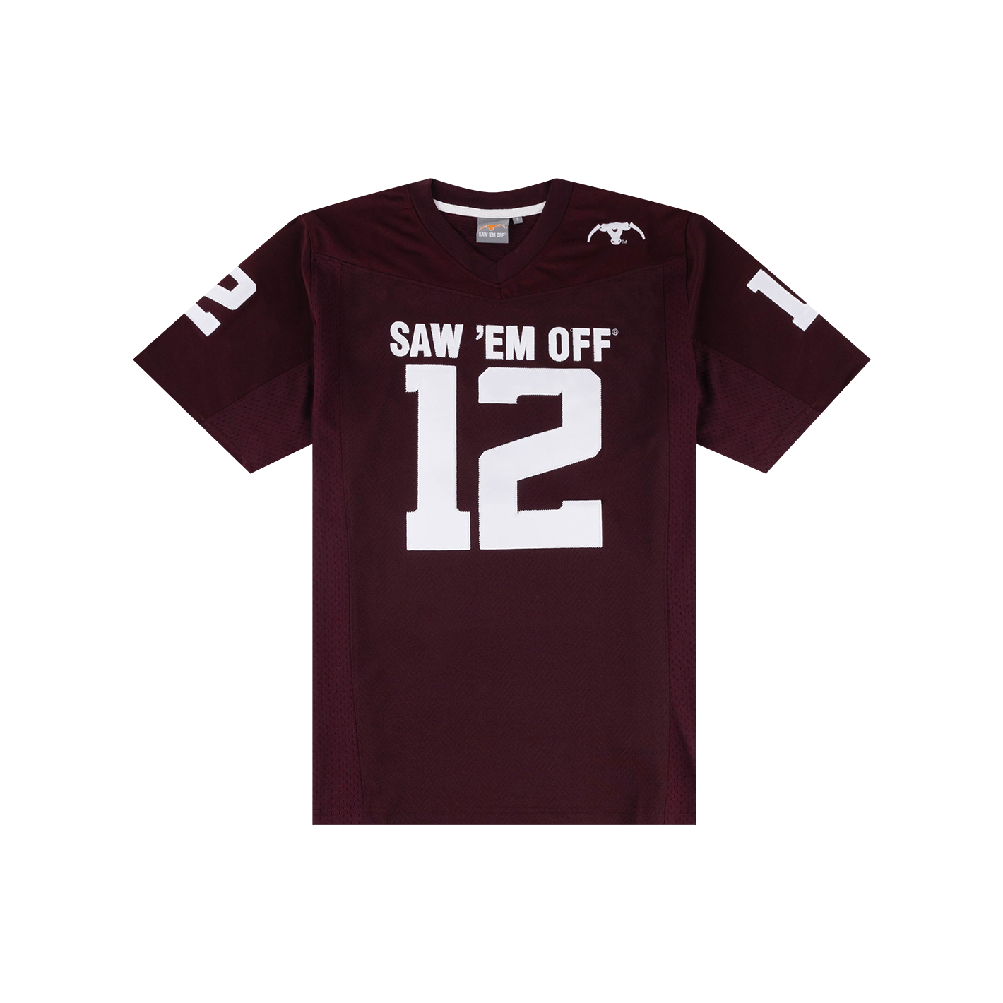 Maroon jersey with Saw 'Em Off logo and "SAW 'EM OFF 12" in white.