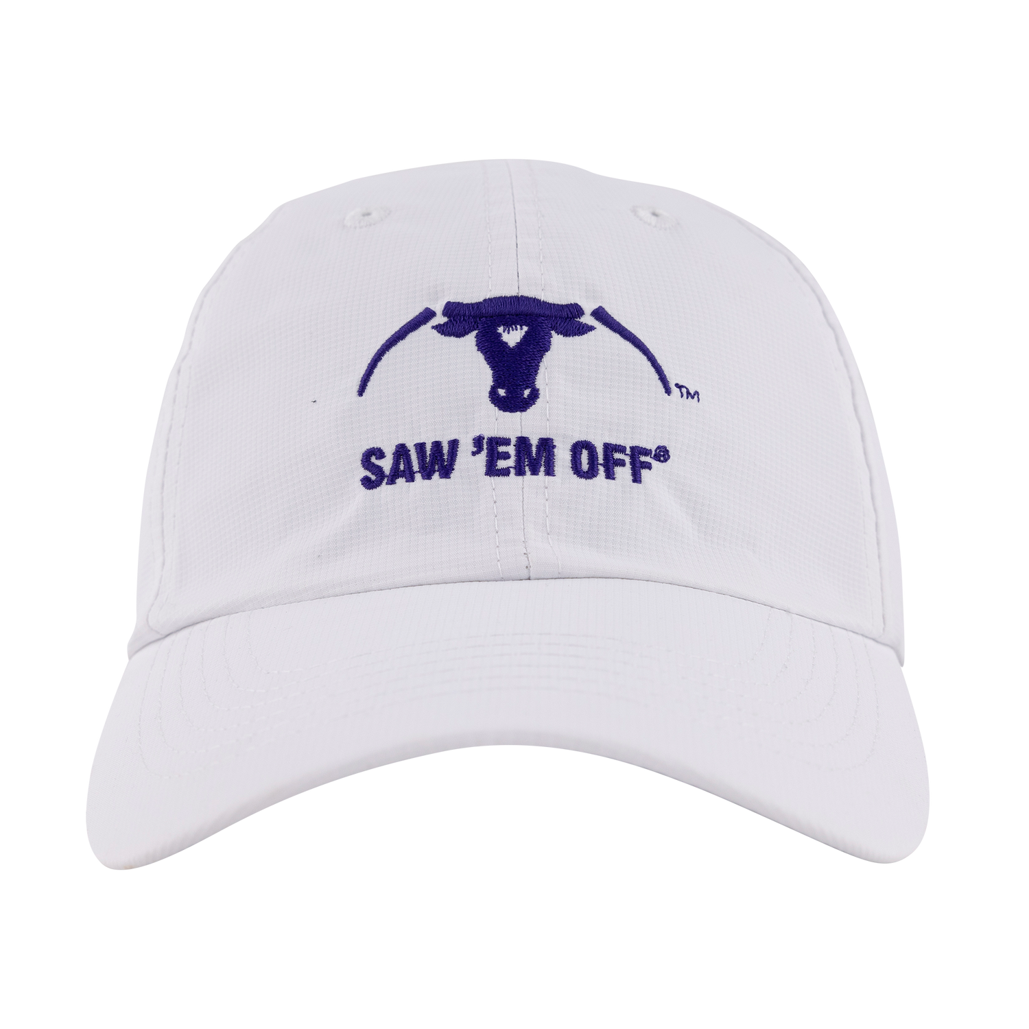 White hat with purple Saw 'Em Off