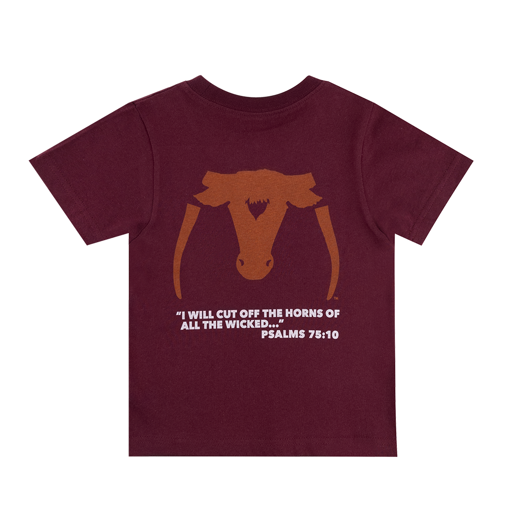 Maroon back of the t-shirt with burnt orange Saw 'Em Off logo and "I will cut off the horns of all the wicked" in white.