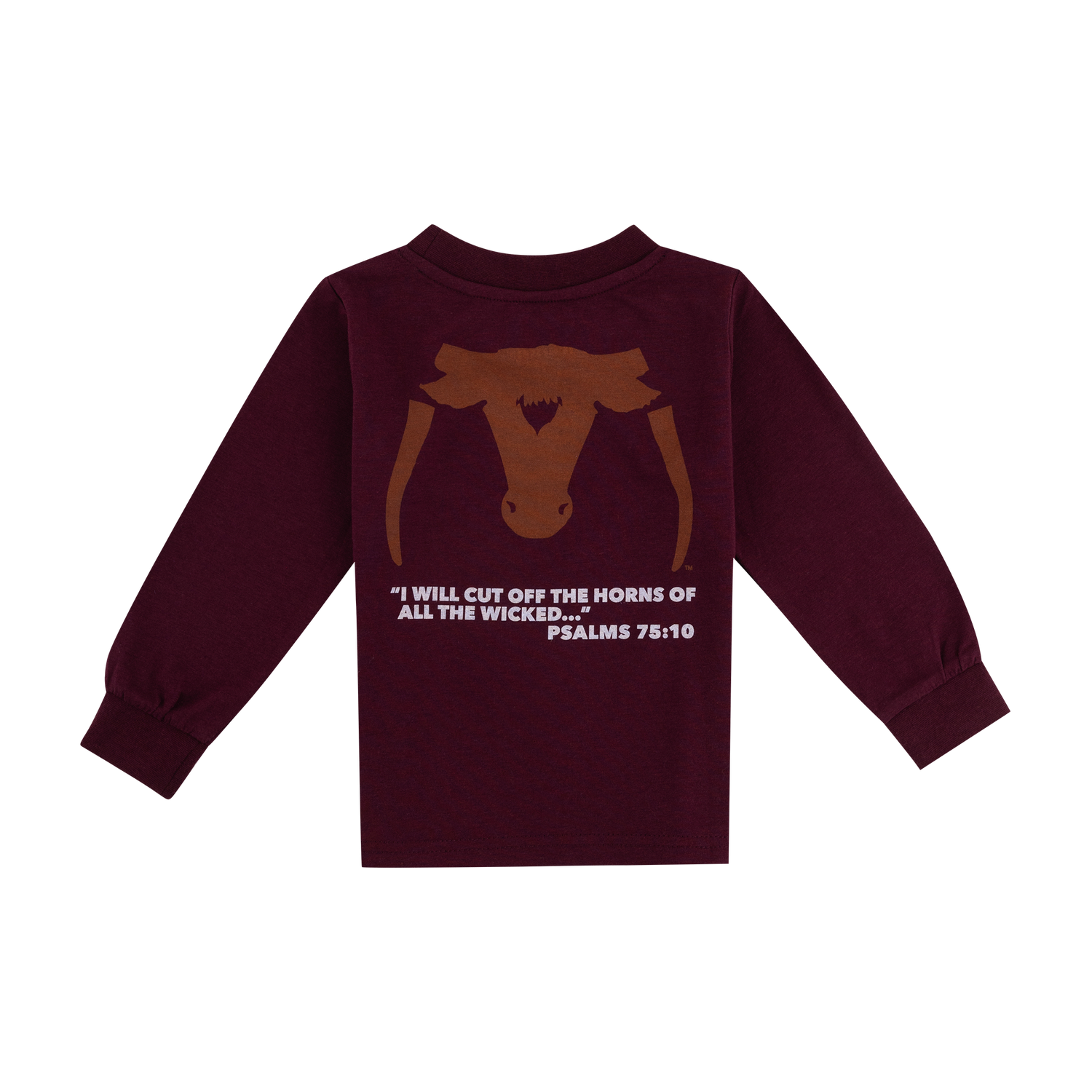 Maroon back of a sweatshirt with burnt orange Saw 'Em Off logo and "I will cut off the horns of all the wicked.." in white