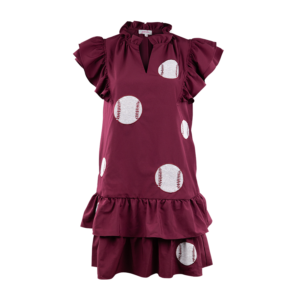 Maroon dress with scattered baseball designs 