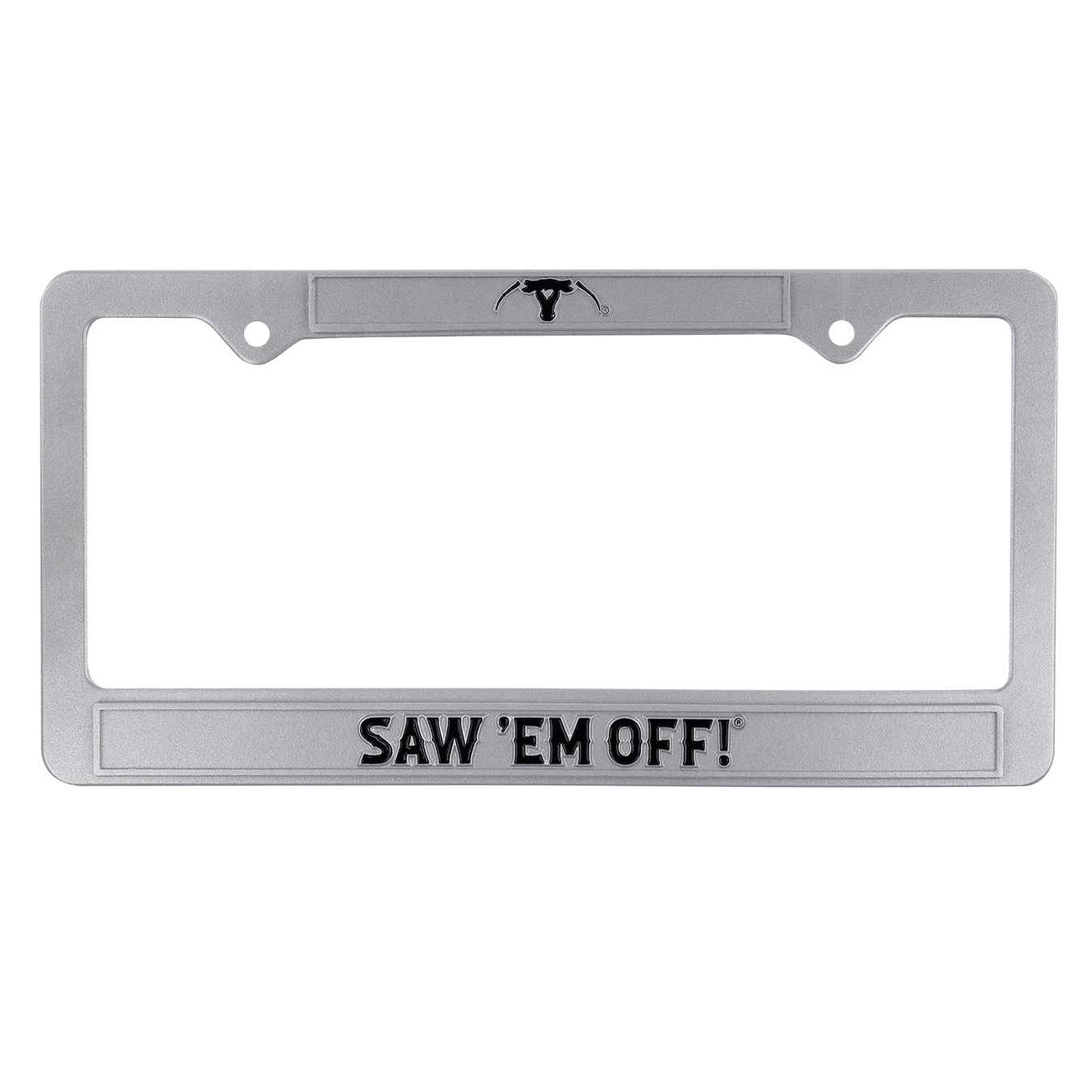 Silver license plate frame with SEO logo on top and "SAW'EM OFF!" at the bottom