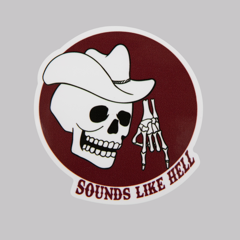 Maroon and White sticker with skeleton head cowboy doing Horns Down