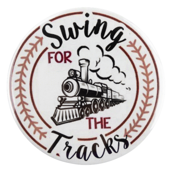 White Button with Train graphic and text Swing for the Tracks