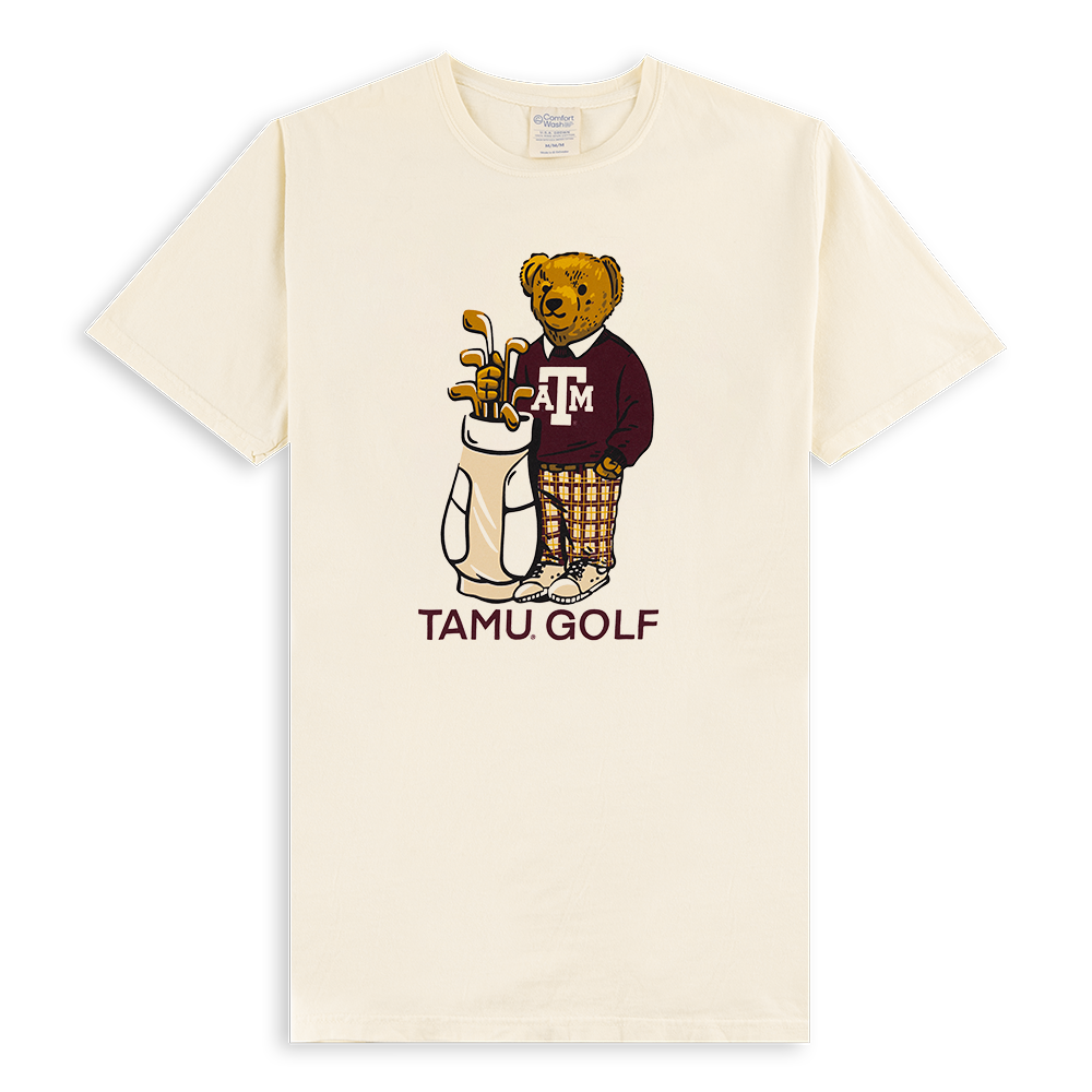 Cream t-shirt with Golfing A&M bear