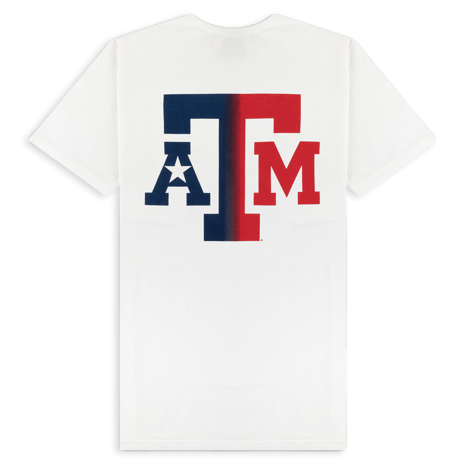 White T-shirt with blue and red ATM logo split down the middle