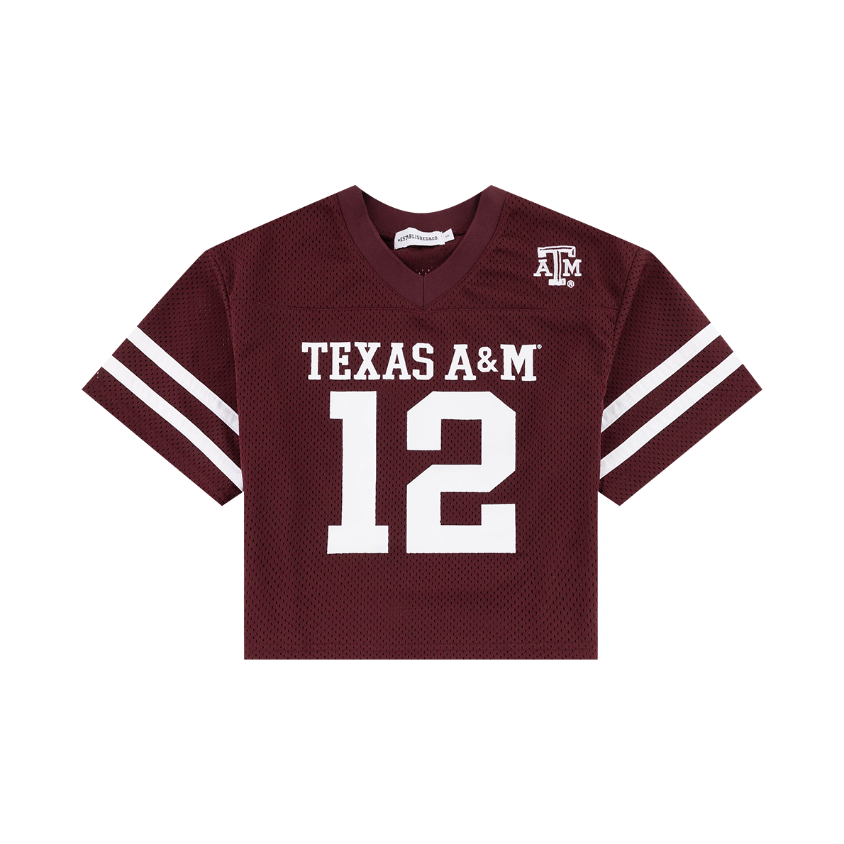 Maroon mesh cropped jersey with "Texas A&M 12" on the front with a 12 on the back. White ATM logo on the shoulder.