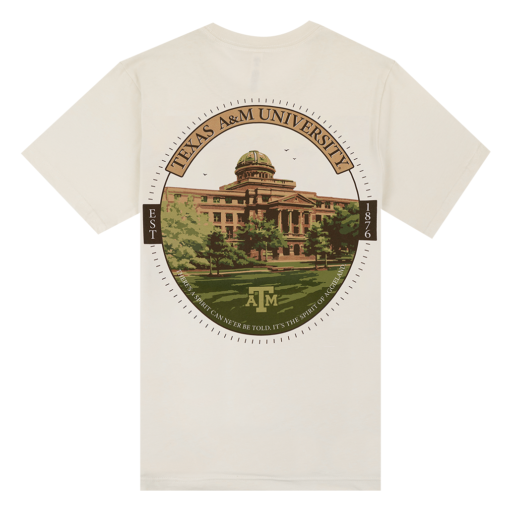 Cream back of t-shirt with graphic of the Academic Building