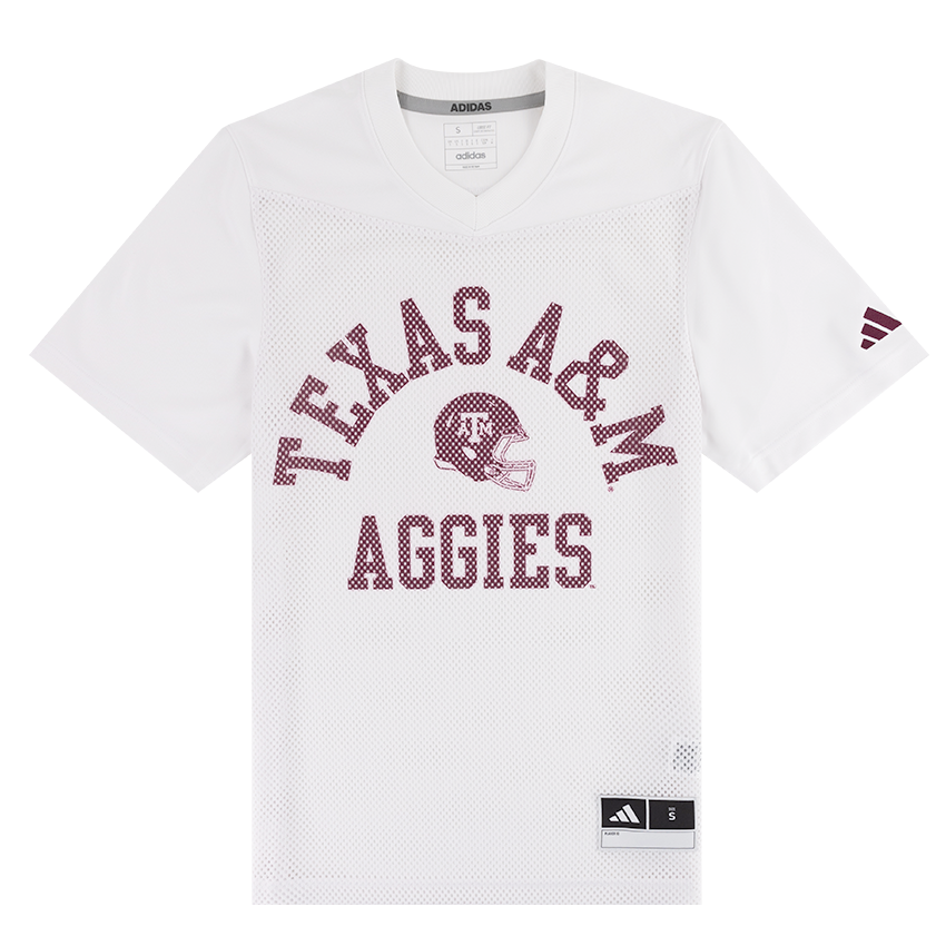 White t-shirt with Maroon spotted "Texas A&M Aggies" text