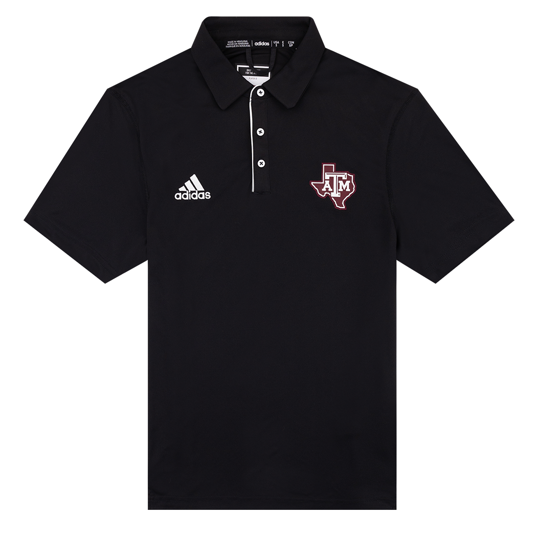 Black Adidas polo with three white buttons. A white Adidas logo is located on the right side of the shirt with a maroon A&M Texas logo on the left side. 