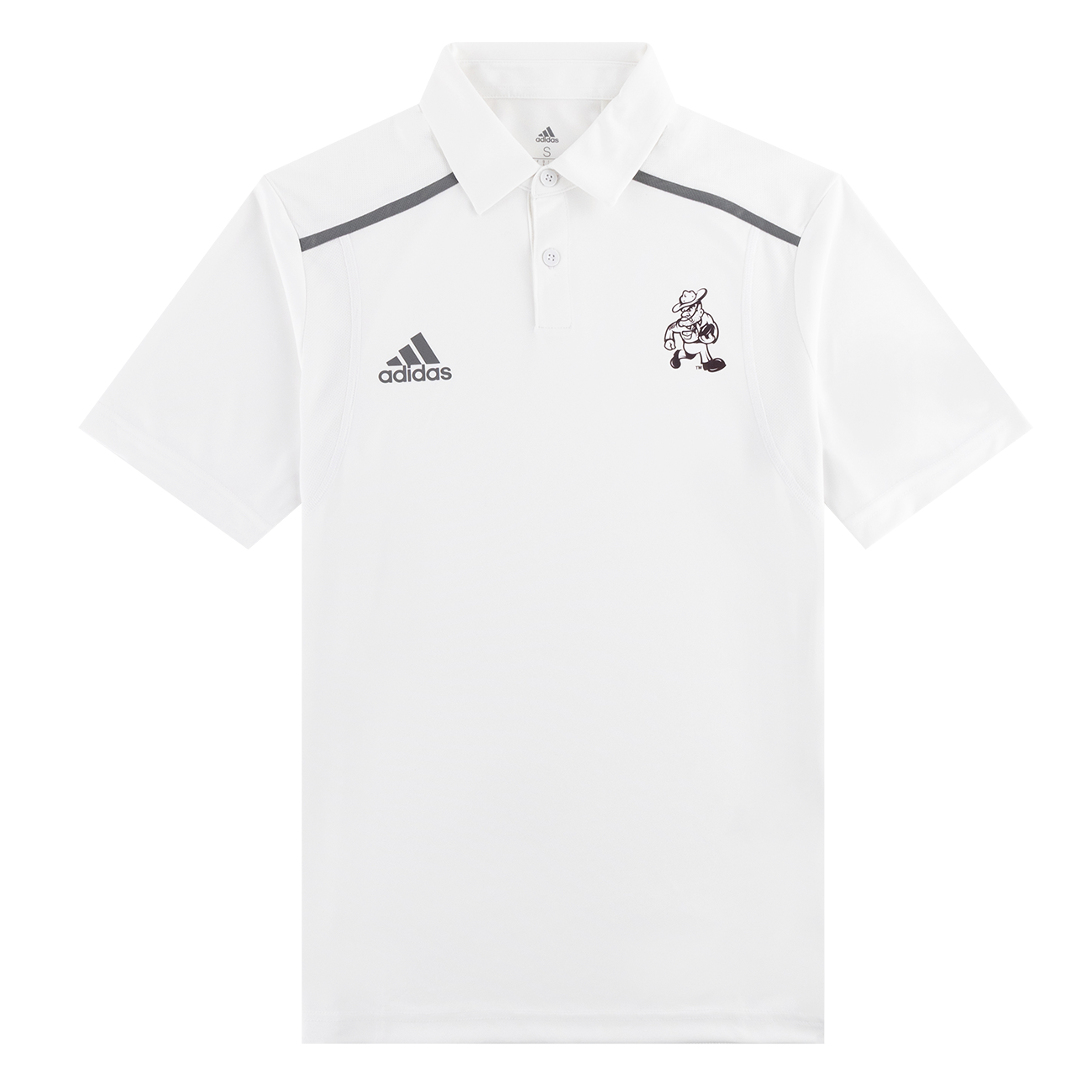 White polo with Ol' Sarge carrying a football on the left side of the chest.