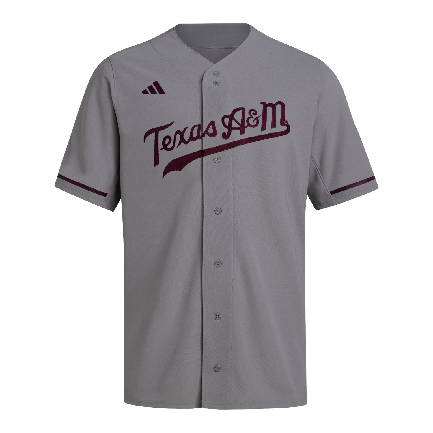 Gray baseball jersey with maroon "Texas A&M"