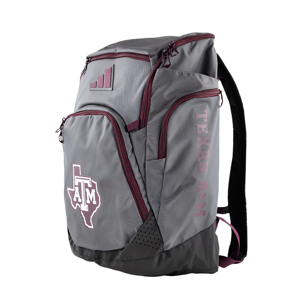 A medium grey Adidas backpack with maroon and white accents. The zippers are maroon and all lettering is maroon. There is an A&M logo on the front pocket of the backpack. 