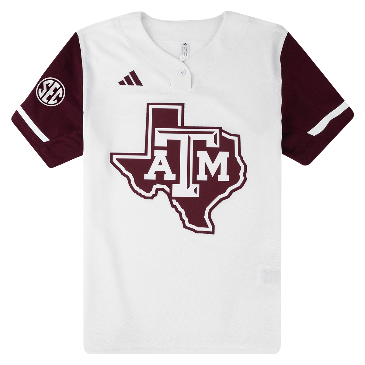 White softball jersey with maroon sleeves and a large maroon Lonestar ATM logo in the center.