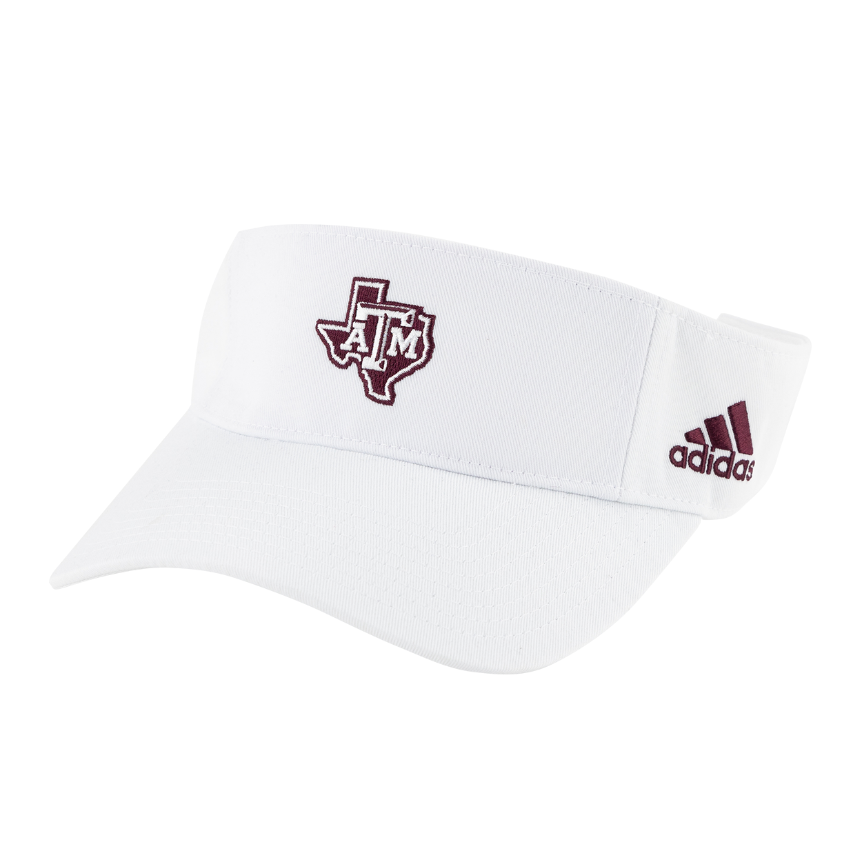 A white Adidas visor with a maroon embroidered Texas logo with a white A&M logo inside of the Texas outline. The Adidas logo is located on the left side of the visor strap and is maroon. 