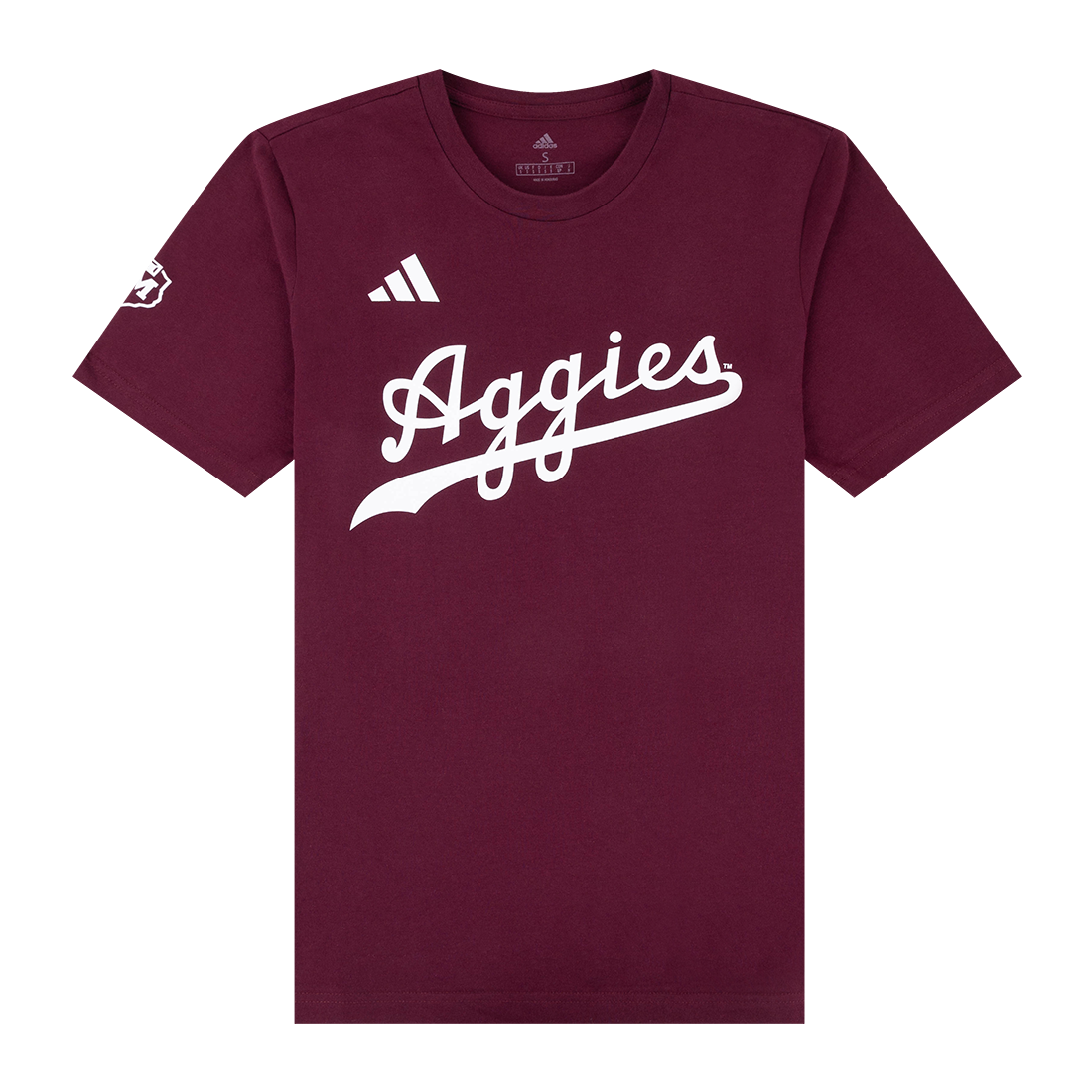 Maroon t-shirt with "Aggies" in white script and a white Lonestar ATM logo on the right sleeve