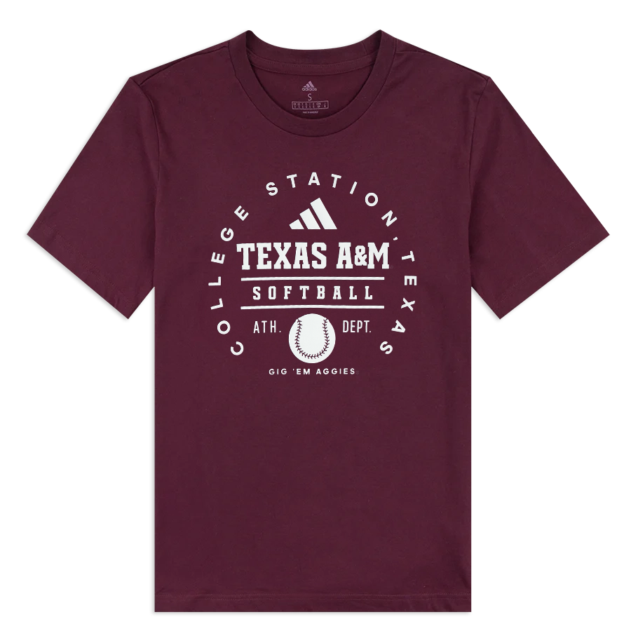 Maroon t-shirt with "TEXAS A&M SOFTBALL" in white and "COLLEGE STATION, TEXAS"