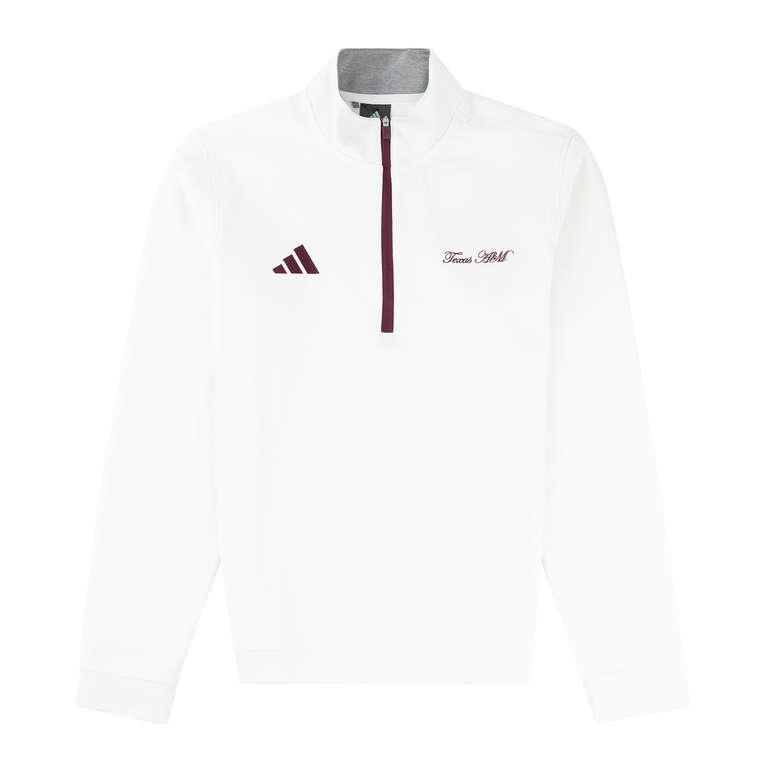 White quarter zip with "Texas A&M" in maroon cursive on the left